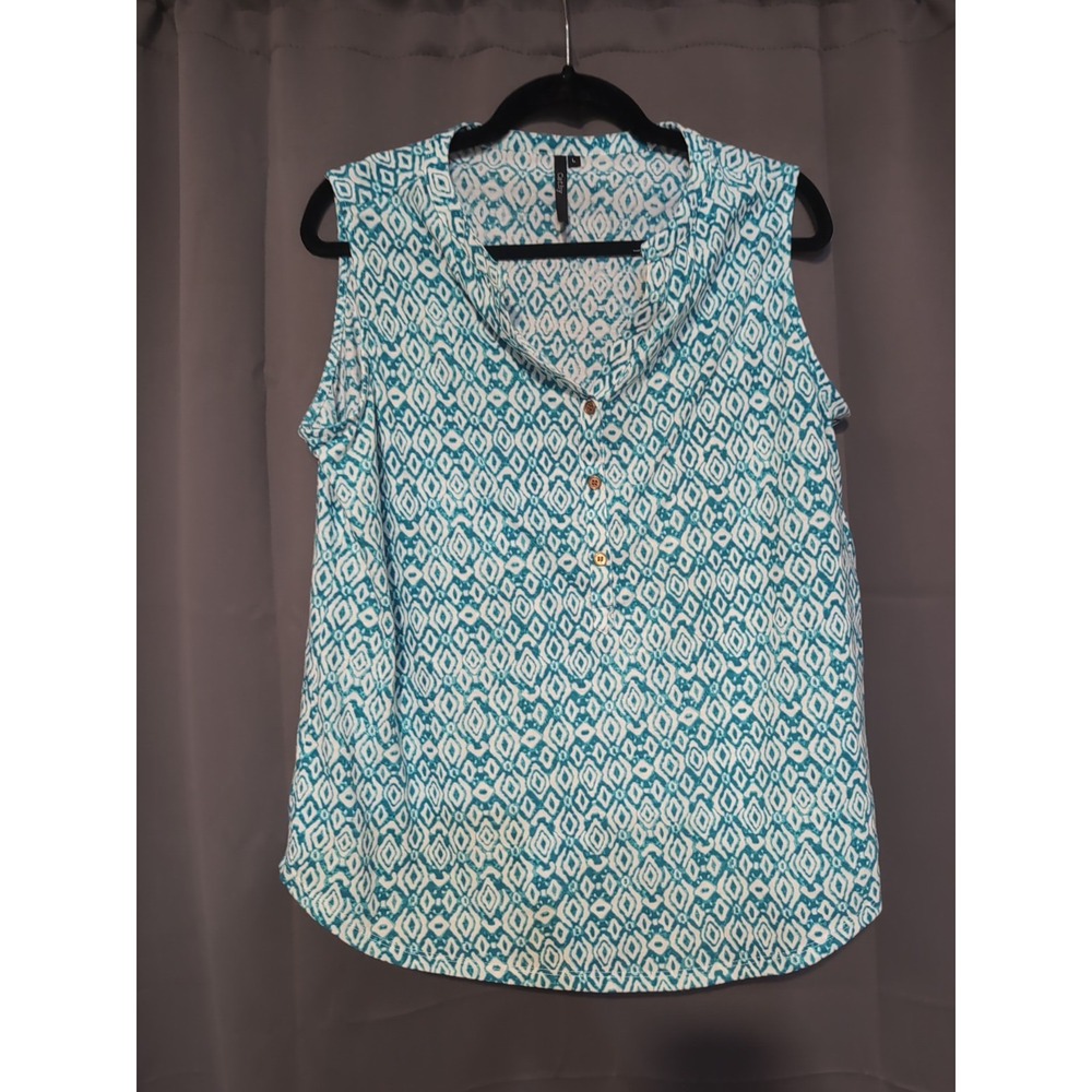 Cathy Women's Large Tank Top, Blue White, Ikat Geometric Sleeveless Top, Stretch